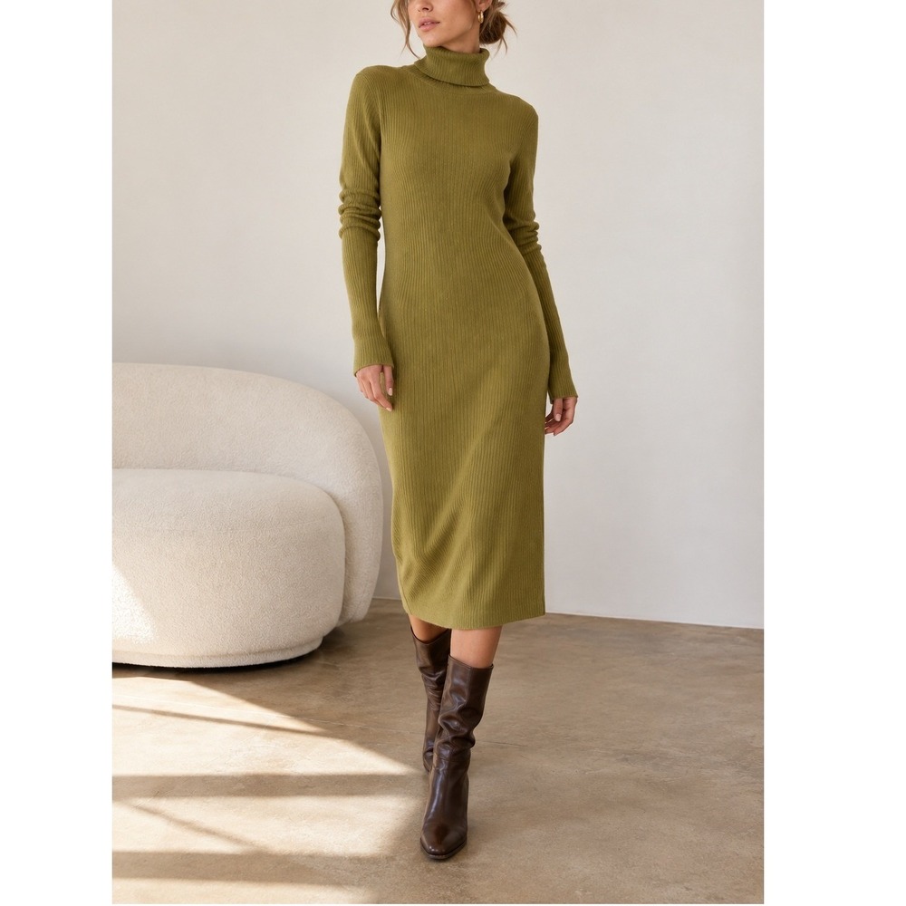 Ilana Kohn Ribbed Turtleneck Midi Dress Women's 3 Olive Green Long Sleeve Cotton